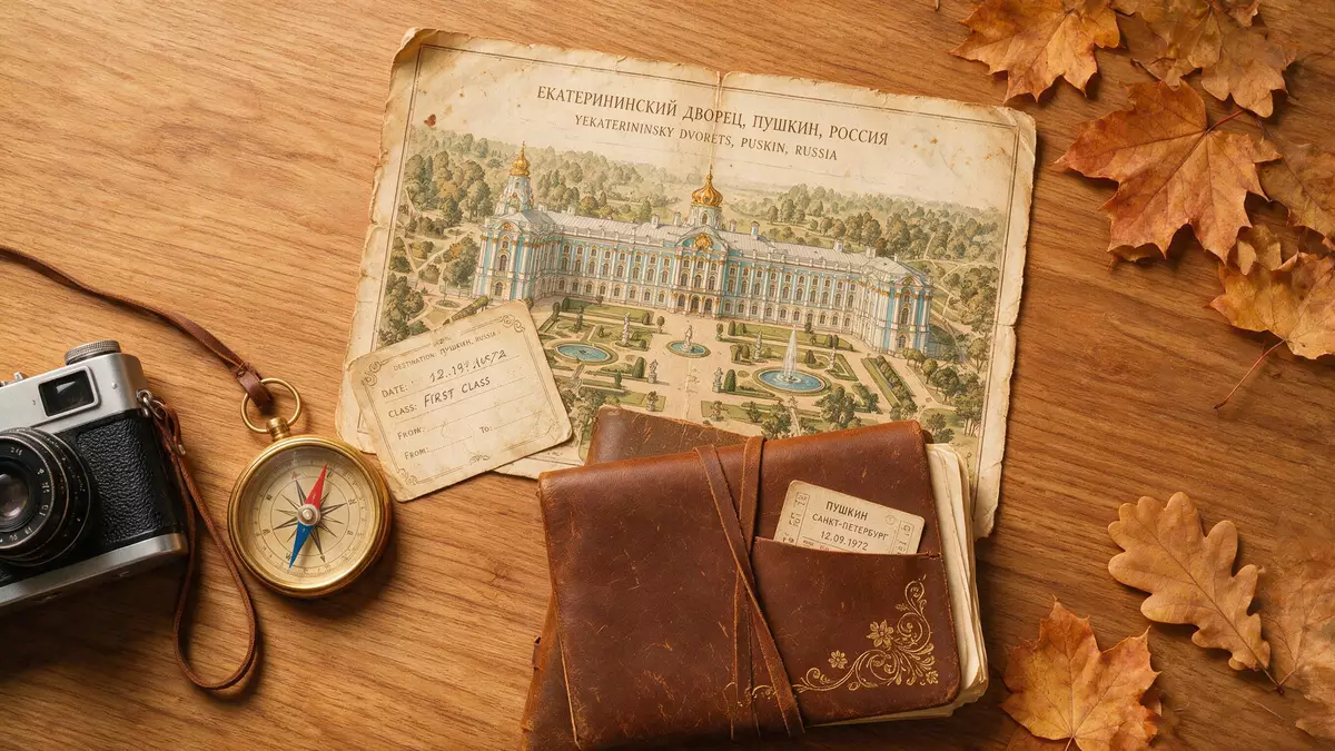 Flatlay-Reise-Arrangement rund um Katharinenpalast in Puschkin, Russland