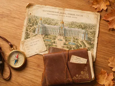 Flatlay-Reise-Arrangement rund um Katharinenpalast in Puschkin Russland, Karte Kompass Kamera und generische Reiserequisiten - Foto: THN