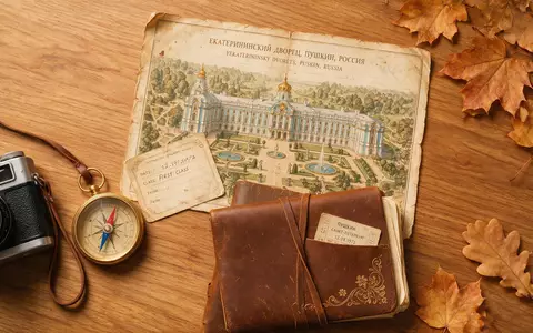 Flatlay-Reise-Arrangement rund um Katharinenpalast in Puschkin Russland, Karte Kompass Kamera und generische Reiserequisiten - Foto: THN