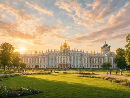 Fotorealistische Panoramaaufnahme von Katharinenpalast in Puschkin Russland, warmes Abendlicht auf Wahrzeichen im Reisemotiv - Foto: THN