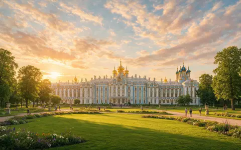 Fotorealistische Panoramaaufnahme von Katharinenpalast in Puschkin Russland, warmes Abendlicht auf Wahrzeichen im Reisemotiv - Foto: THN