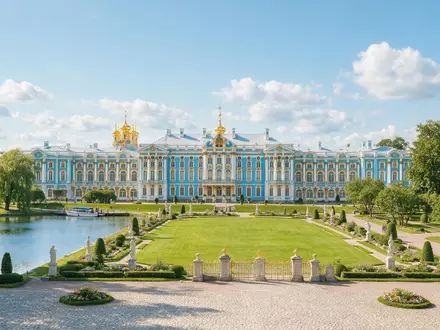 Editorialbild im Reisemagazin-Stil vom Wahrzeichen Katharinenpalast in Puschkin Russland, ausgewogene Bildgestaltung und natuerliches Umgebungslicht - Foto: THN