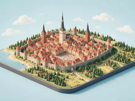 Isometrisches Diorama von Altstadt Tallinn und Umgebung in Tallinn Estland, verspielte Low-Poly-Kulisse in Pastellfarben - Foto: THN