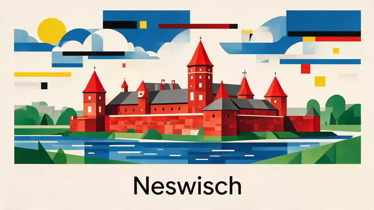 Bauhaus-Poster als Abstraktion von Schloss Nesvizh in Neswisch, Belarus
