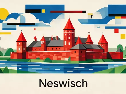 Bauhaus-Poster als geometrische Abstraktion von Schloss Nesvizh in Neswisch Belarus, kraeftige Grundfarben und harte Formkanten - Foto: THN