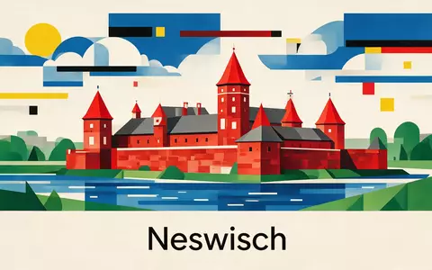 Bauhaus-Poster als geometrische Abstraktion von Schloss Nesvizh in Neswisch Belarus, kraeftige Grundfarben und harte Formkanten - Foto: THN