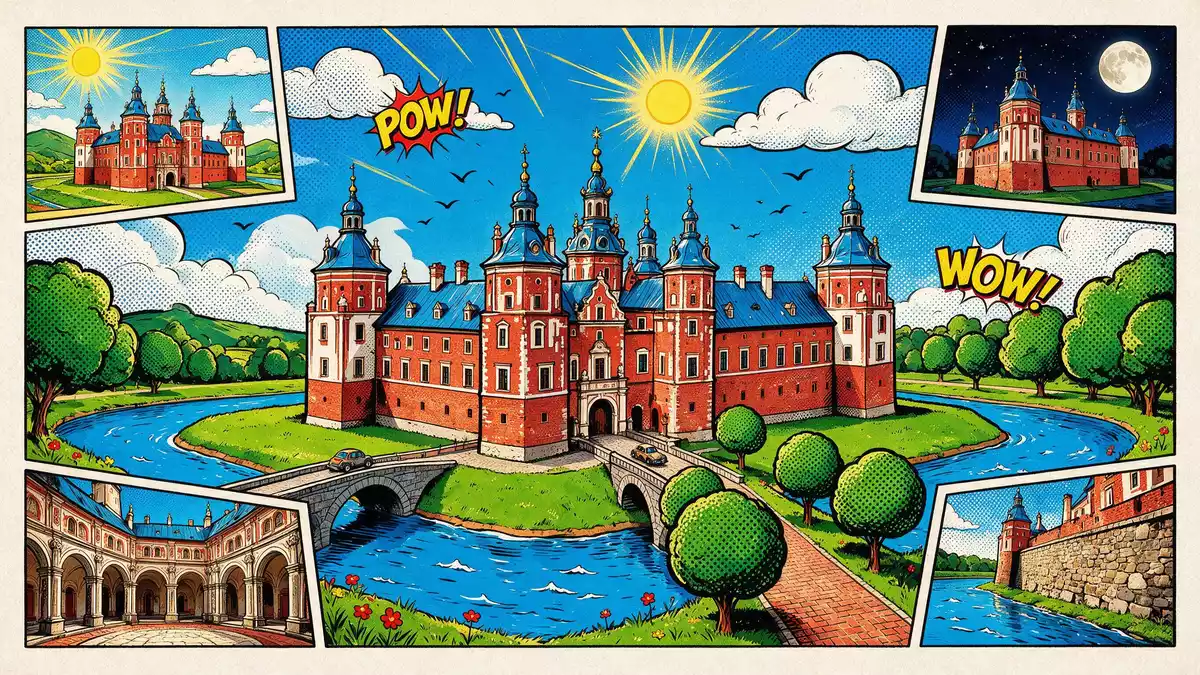 Pop-Art-Comic von Schloss Nesvizh in Neswisch, Belarus mit Rasterpunkten