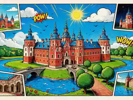 Pop-Art-Comicillustration des Wahrzeichens Schloss Nesvizh in Neswisch Belarus, kraeftige Konturen Rasterpunkte und satte Farben - Foto: THN