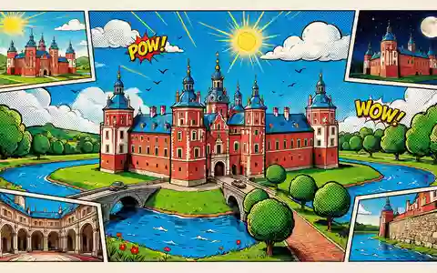 Pop-Art-Comicillustration des Wahrzeichens Schloss Nesvizh in Neswisch Belarus, kraeftige Konturen Rasterpunkte und satte Farben - Foto: THN