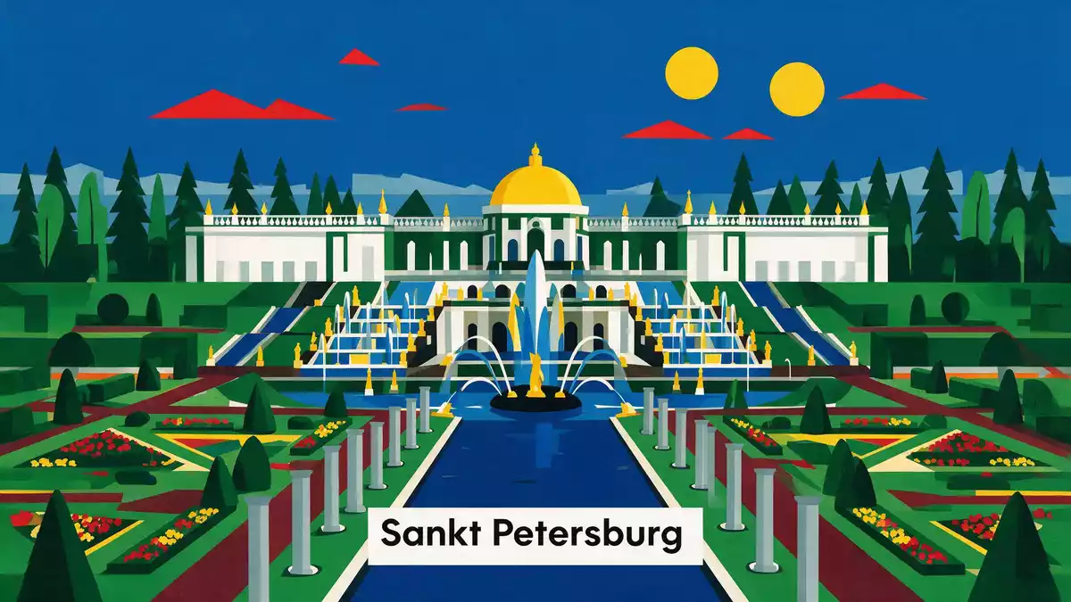 Bauhaus-Poster als Abstraktion von Peterhof in Sankt Petersburg, Russland