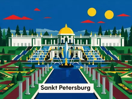 Bauhaus-Poster als geometrische Abstraktion von Peterhof in Sankt Petersburg Russland, kraeftige Grundfarben und harte Formkanten - Foto: THN