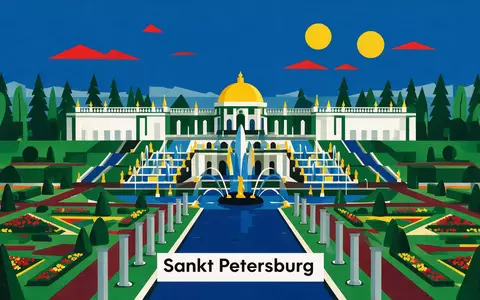 Bauhaus-Poster als geometrische Abstraktion von Peterhof in Sankt Petersburg Russland, kraeftige Grundfarben und harte Formkanten - Foto: THN