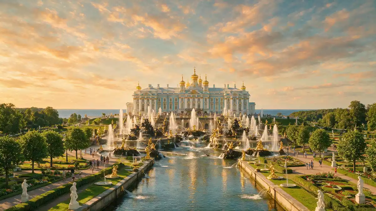 Fotorealistische Ansicht von Peterhof in Sankt Petersburg, Russland im Abendlicht
