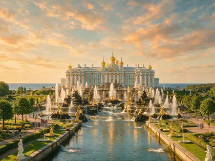 Fotorealistische Panoramaaufnahme von Peterhof in Sankt Petersburg Russland, warmes Abendlicht auf Wahrzeichen - Foto: THN