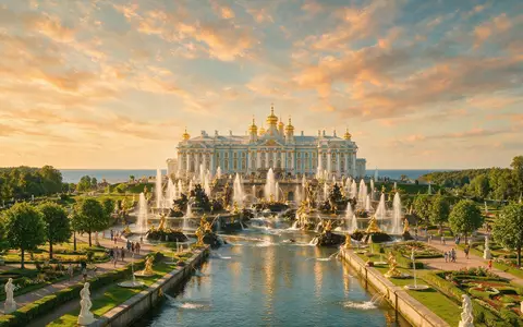 Fotorealistische Panoramaaufnahme von Peterhof in Sankt Petersburg Russland, warmes Abendlicht auf Wahrzeichen - Foto: THN