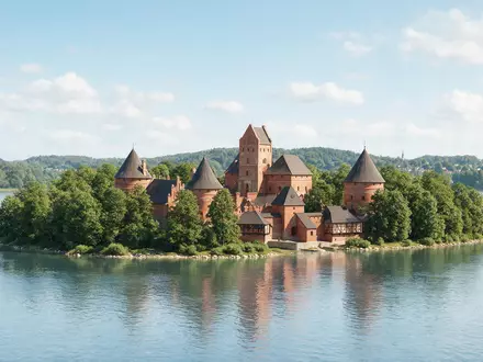 Moderner Architektur-Render zeigt Silhouette von Burg Trakai in Trakai Litauen, klare Linien und neutrales Tageslicht - Foto: THN