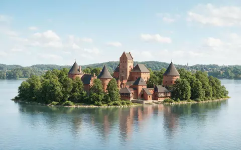 Moderner Architektur-Render zeigt Silhouette von Burg Trakai in Trakai Litauen, klare Linien und neutrales Tageslicht - Foto: THN