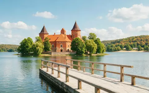 Editorialbild im Reisemagazin-Stil vom Wahrzeichen Burg Trakai in Trakai Litauen, ausgewogene Bildgestaltung und natuerliches Umgebungslicht - Foto: THN