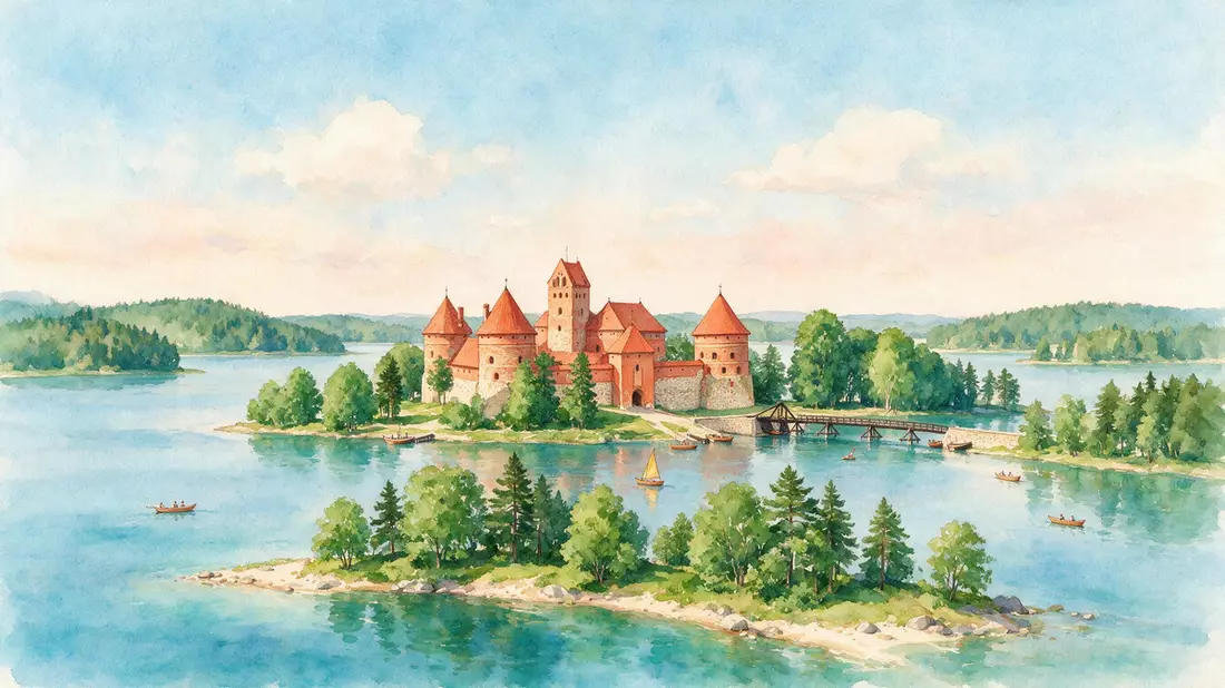Aquarell-Illustration von Burg Trakai in Trakai, Litauen als Reiseposter