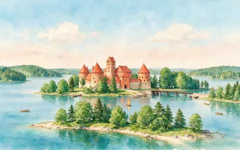 Aquarellillustration des Wahrzeichens Burg Trakai in Trakai Litauen, weiche Farbverläufe und pastelliges Reiseposter-Feeling - Foto: THN