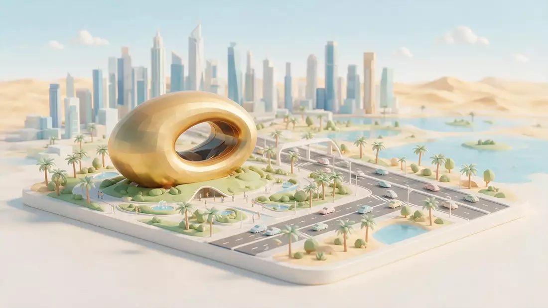 Isometrisches Diorama von Museum der Zukunft Dubai in Dubai, VAE in Pastell