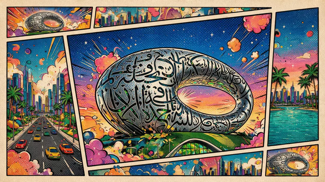 Pop-Art-Comic von Museum der Zukunft Dubai in Dubai, VAE mit Rasterpunkten