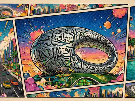 Pop-Art-Comicillustration des Wahrzeichens Museum der Zukunft Dubai in Dubai VAE, kraeftige Konturen Rasterpunkte und satte - Foto: THN