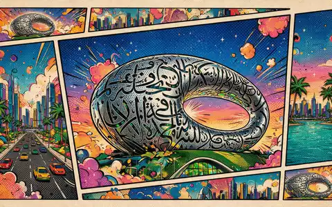 Pop-Art-Comicillustration des Wahrzeichens Museum der Zukunft Dubai in Dubai VAE, kraeftige Konturen Rasterpunkte und satte - Foto: THN