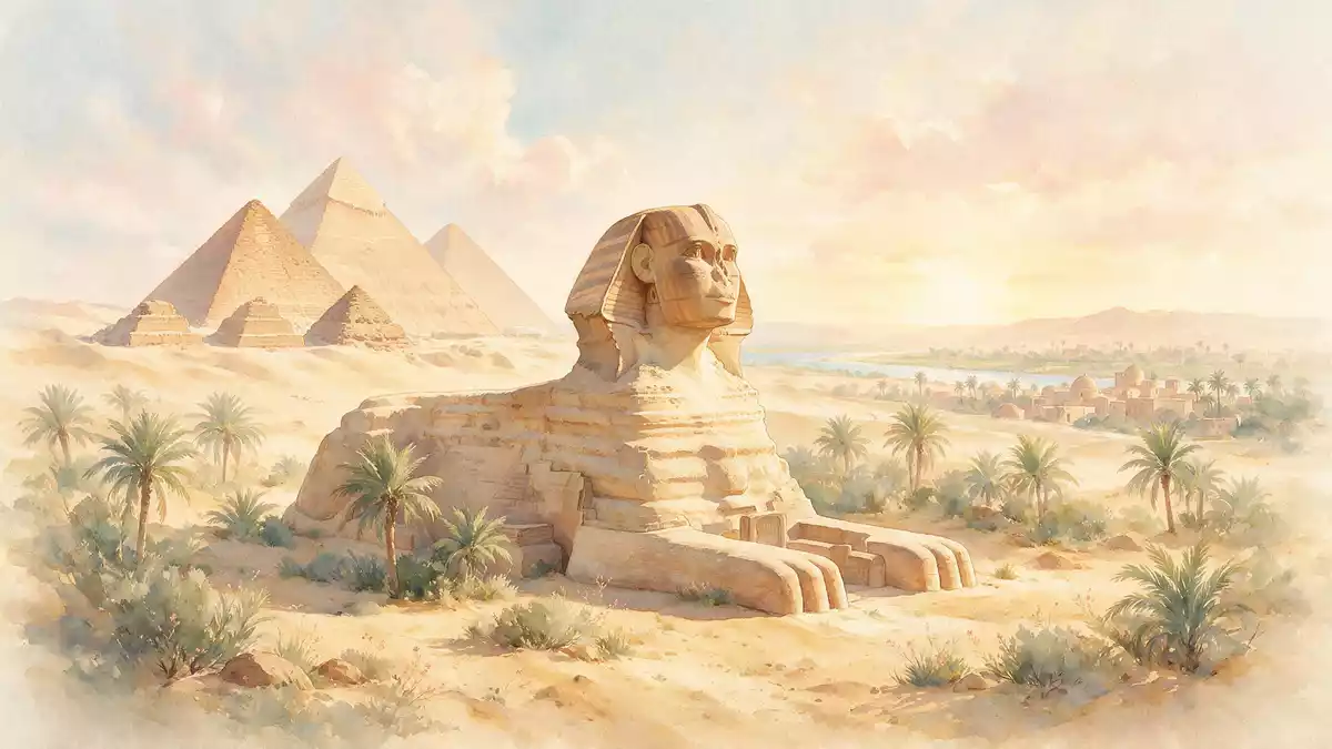 Aquarell-Illustration von Sphinx von Gizeh in Gizeh, Ägypten als Reiseposter