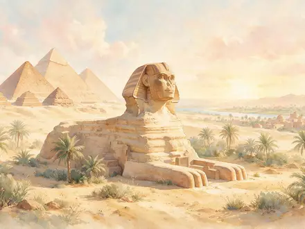 Aquarellillustration des Wahrzeichens Sphinx von Gizeh in Gizeh Ägypten, weiche Farbverläufe und pastelliges Reiseposter-Feeling - Foto: THN