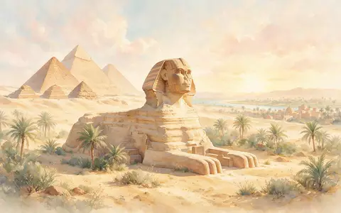 Aquarellillustration des Wahrzeichens Sphinx von Gizeh in Gizeh Ägypten, weiche Farbverläufe und pastelliges Reiseposter-Feeling - Foto: THN