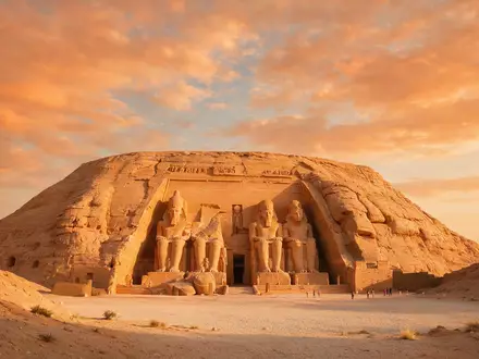 Fotorealistische Panoramaaufnahme von Abu Simbel in Abu Simbel Ägypten, warmes Abendlicht auf Wahrzeichen - Foto: THN