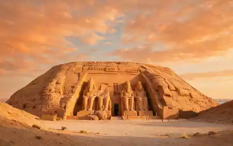 Fotorealistische Panoramaaufnahme von Abu Simbel in Abu Simbel Ägypten, warmes Abendlicht auf Wahrzeichen - Foto: THN