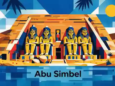 Bauhaus-Poster als geometrische Abstraktion von Abu Simbel in Abu Simbel Ägypten, kraeftige Grundfarben und harte - Foto: THN