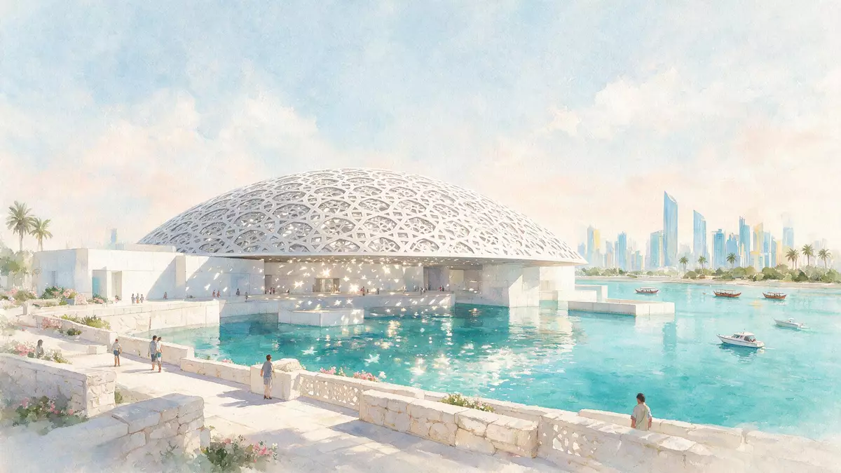 Aquarell-Illustration von Louvre Abu Dhabi in Abu Dhabi, VAE als Reiseposter