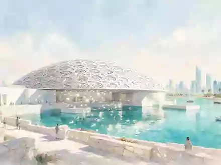 Aquarellillustration des Wahrzeichens Louvre Abu Dhabi in Abu Dhabi VAE, weiche Farbverläufe und pastelliges Reiseposter-Feeling - Foto: THN