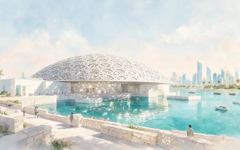 Aquarellillustration des Wahrzeichens Louvre Abu Dhabi in Abu Dhabi VAE, weiche Farbverläufe und pastelliges Reiseposter-Feeling - Foto: THN