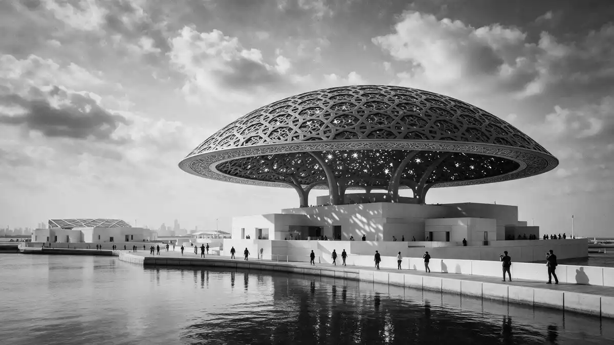 Schwarzweiss-Reportage vom Wahrzeichen Louvre Abu Dhabi in Abu Dhabi, VAE