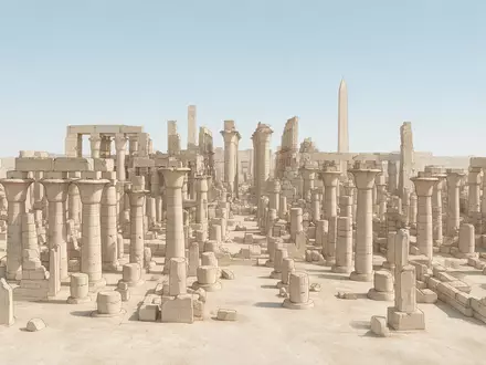 Moderner Architektur-Render zeigt Silhouette von Karnak-Tempel in Luxor Ägypten, klare Linien und neutrales Tageslicht - Foto: THN