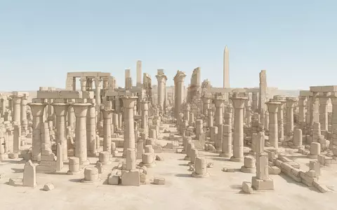 Moderner Architektur-Render zeigt Silhouette von Karnak-Tempel in Luxor Ägypten, klare Linien und neutrales Tageslicht - Foto: THN