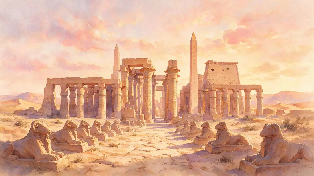 Aquarell-Illustration von Karnak-Tempel in Luxor, Ägypten als Reiseposter