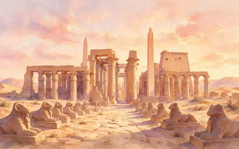 Aquarellillustration des Wahrzeichens Karnak-Tempel in Luxor Ägypten, weiche Farbverläufe und pastelliges Reiseposter-Feeling - Foto: THN