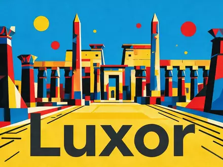 Bauhaus-Poster als geometrische Abstraktion von Karnak-Tempel in Luxor Ägypten, kraeftige Grundfarben und harte Formkanten - Foto: THN