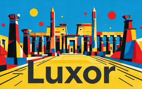 Bauhaus-Poster als geometrische Abstraktion von Karnak-Tempel in Luxor Ägypten, kraeftige Grundfarben und harte Formkanten - Foto: THN