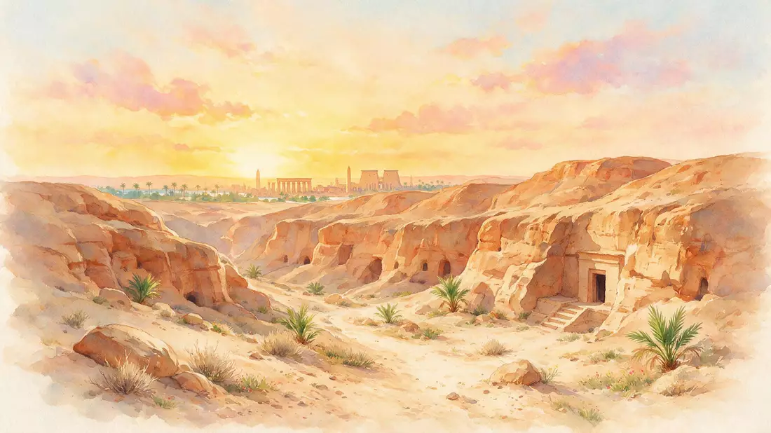 Aquarell-Illustration von Tal der Könige in Luxor, Ägypten als Reiseposter