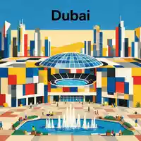 Bauhaus-Poster als geometrische Abstraktion von Dubai Mall in Dubai VAE, kraeftige Grundfarben und harte Formkanten - Foto: THN