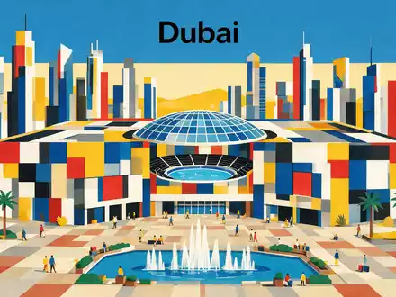 Bauhaus-Poster als geometrische Abstraktion von Dubai Mall in Dubai VAE, kraeftige Grundfarben und harte Formkanten - Foto: THN