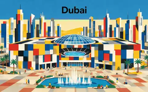 Bauhaus-Poster als geometrische Abstraktion von Dubai Mall in Dubai VAE, kraeftige Grundfarben und harte Formkanten - Foto: THN
