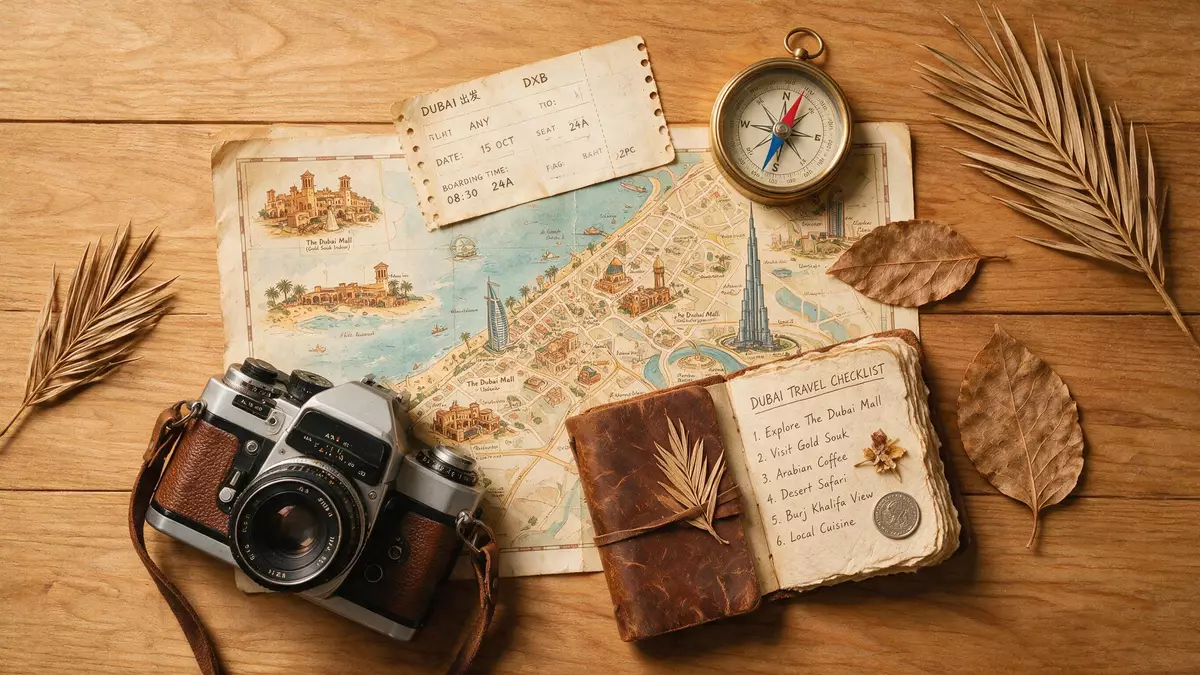 Flatlay-Reise-Arrangement rund um Dubai Mall in Dubai, VAE