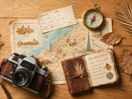 Flatlay-Reise-Arrangement rund um Dubai Mall in Dubai VAE, Karte Kompass Kamera und generische Reiserequisiten - Foto: THN
